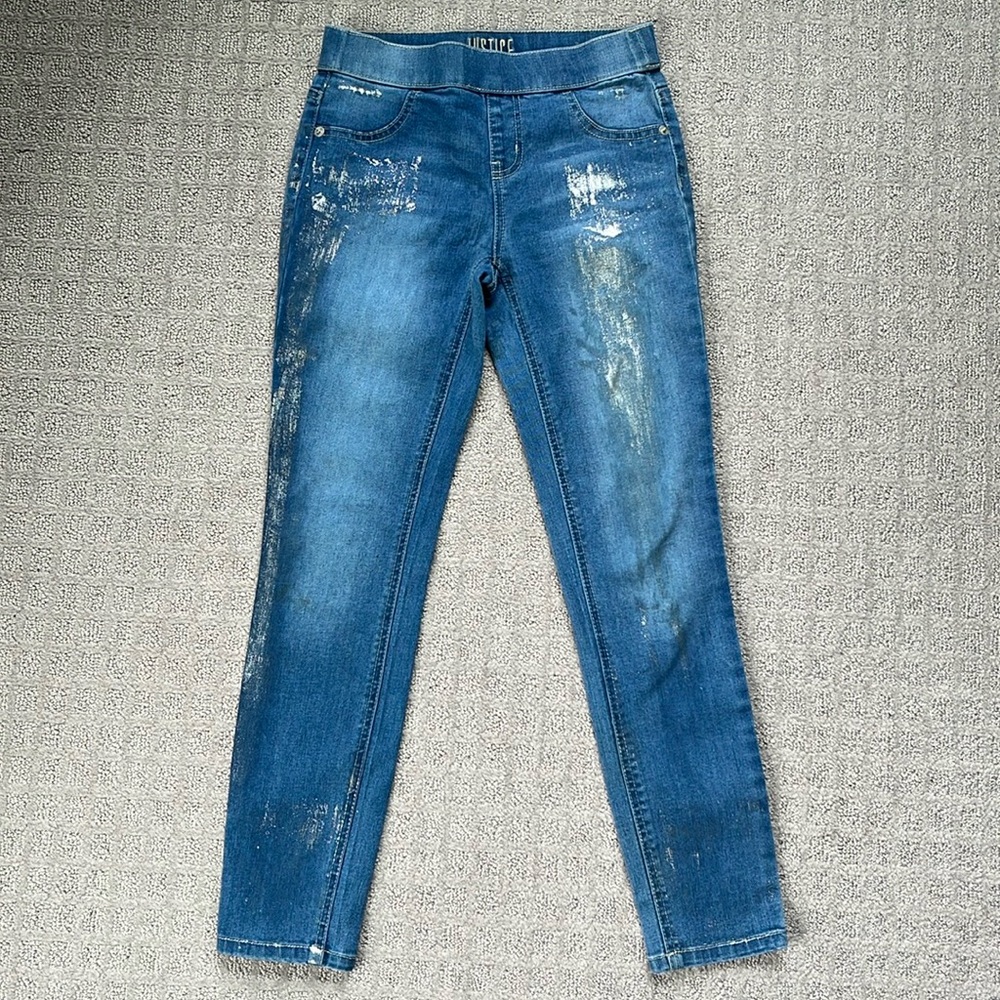 Justice Mid Rise Denim Fashion Legging Blue Distressed Sparkle Girls Size 10